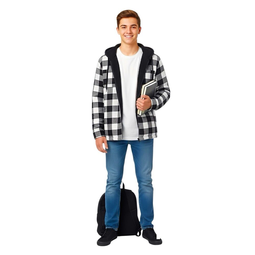 Street Rules Co Boys Jacket 14/16  Sherpa Lined Hooded Plaid Back To School